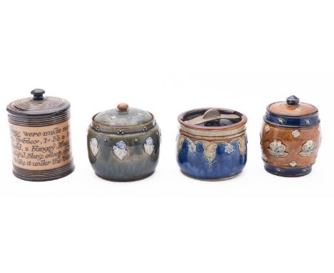 Five Royal Doulton stoneware tobacco jars. Having various foliate decoration complete with lids, together with three other Ro