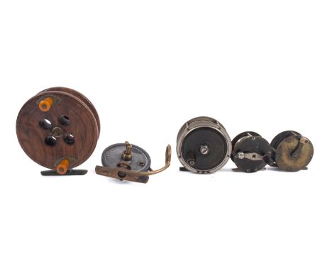 A collection of five vintage fishing reels. Noting a 4" brass reel by FJ Williams and Co of London plus a Mallochs patent ree