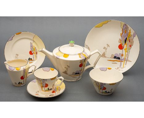 An early 20th Century Tams ware hand painted woodland pattern eight piece tea set. Comprising a teapot, serving plate, sugar 