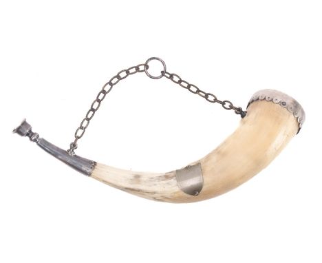 An early 20th century silver plate mounted horn bugle, unsigned, with vacant shield cartouche to body and suspension chain , 
