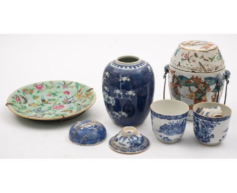 A collection of 19th Century and later Chinese ceramics, including ginger jar, tea caddy and plate etc. (mostly damaged). 