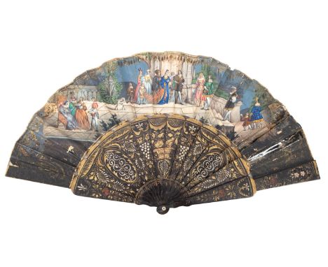 A 19th century Italian black laquer and paper hand painted fan. Scenes to both sides one showing males and females socialisin