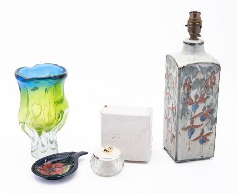 A Chinese style stoneware lamp. Having floral and bird decoration on a white ground, together with a Bohemian Crystal coloure