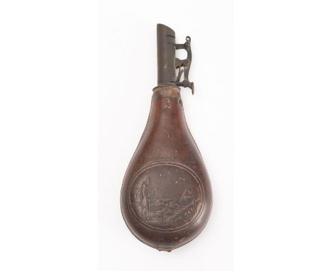 A late 19th/ early 20th century leather and brass powder flask, with embossed hunting scene and lever measure, 20cm.
