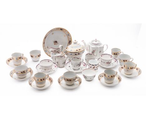 A group of primarily New Hall tea wares. Comprising teapot, sugar box, milk jug, serving plate, cups and saucers in pattern n