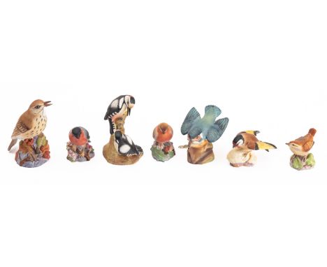 A group of seven Royal Worcester porcelain Birds. Including a Thrush, Kingfisher, Goldfinch and Robin etc, max height 12cm. 

