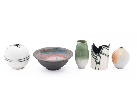 Two pieces of Carol Daw studio pottery. Comprising a lidded jar and a vase together with three other studio pottery items.