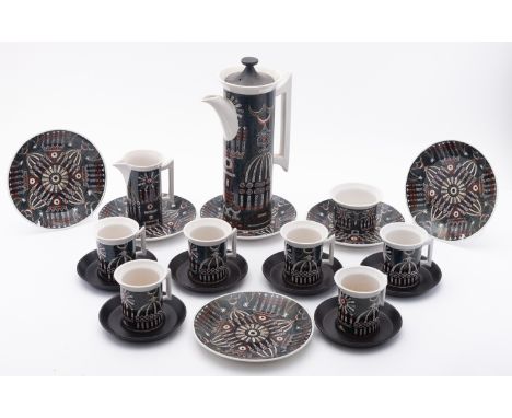 A Portmeirion six piece 'Magic City' totem coffee service. Designed by Susan Williams-Ellis comprising a coffee pot, milk jug