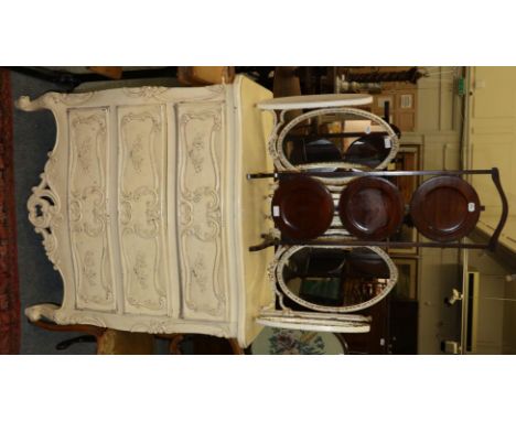 Two 19th century button back armchairs, a balloon back chair, painted serpentine chest of drawers, two mirrors, folding cake 