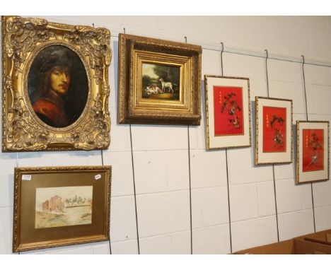 English School (20th century) Spofforth Mill, watercolour together with a gilt framed reproduction oil on board portrait of a