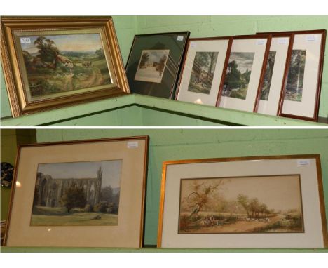 B Foster, four coloured engravings; an oil on panel of a country cottage, indistinctly signed; and a coloured print of Eshton