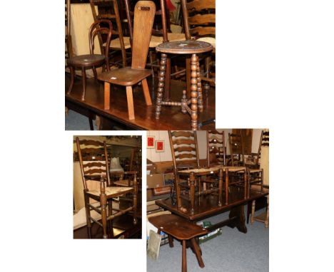 An oak refectory table, four ladder back chairs, a bent wood stool, a spinners chair and an oak stool with bobbin turned legs