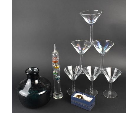 A Heavy Set Mid Century Green Glass Vase, 17cm high Together with a Set of Six Coupe Glasses, a Galileo Thermometer and a Win