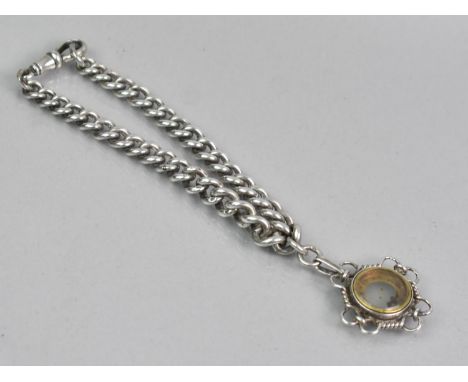 A Silver Graduated Curb Link Watch Chain, (Converted to Bracelet), with Attached White Metal Framed Compass Charm (AF), 35gms