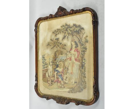A 19th Century Mahogany Framed Tapestry Screen, Exterior Scene with Figures, Now Wall Hanging, 65x82cms (Some Condition Issue