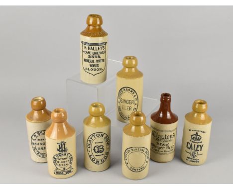 Eight Vintage Stoneware Ginger Beer Bottles to Comprise R. Halley's - Slough, Caley - Norwich &amp; London, Clayton - London 