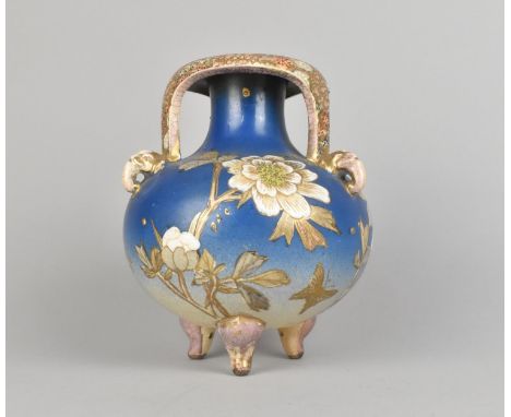 A Japanese Satsuma Vase with Tri Scrolled Neck Culminating to Zoomorphic Masks, Globular Belly with Floral Decoration on Blue