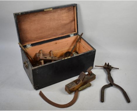A Vintage Black Painted Tool chest Containing Various Vintage Tools to include Block Plane Etc