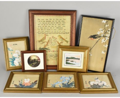 A Collection of Various Paintings and Prints to Comprise Set of Four Gilt Framed Oriental Paintings on Silk of Flowers, Two M