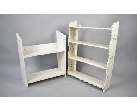 A White Painted Wall Hanging Four Tier Shelf with Pierced and Shaped Sides, 58cms Wide together with a White Painted Two Tier