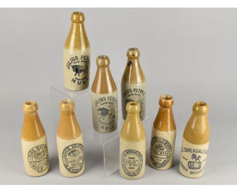 Eight Vintage Stoneware Ginger Beer Bottles to Comprise Three Julius Peters - Hull, F. E. Coverdale - Kirkbymoorside, Bewick 