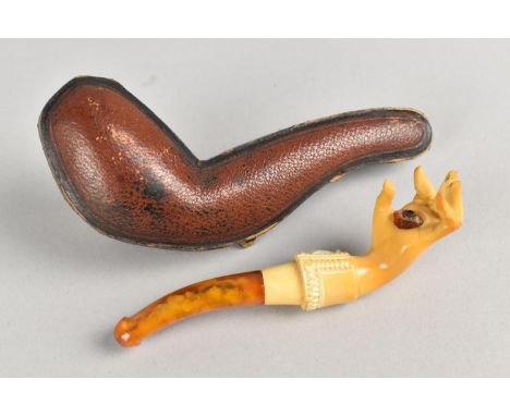 A Cased Victorian Carved Meerschaum Pipe Modelled as a Hand with Amber Mouthpiece, Condition Issues