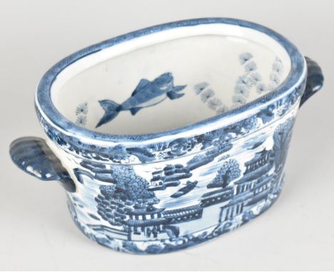 A Reproduction Ceramic Oriental River Village Scene Pattern Blue and White Planter with Scrolled Handles, 29cm wide and 12cm 