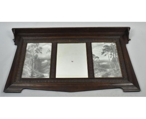 A Late Victorian/Edwardian Triptych with Shelf Top, Central Mirror Flanked by Two Monochrome Prints and Carved Border, 106cms