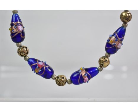 A Vintage Boxed Murano Glass Necklace with Pear Shaped Cobalt Blue Glass Beads having Applied Rose Glass Decoration, 57cms Lo