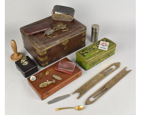 A Collection of Various Vintage Items to Comprise Pair Yellow Metal and Tortoiseshell Spectacles, Tins, Pocket Watch Keys, Ra