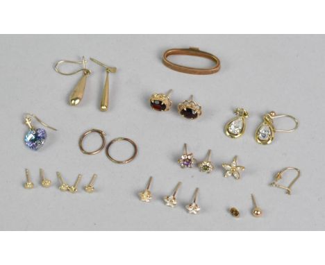 A Collection of Gold and Gold Metal Earrings and a Scarf Hoop to include 9ct Gold Ball Stud, Garnet Mounted Examples, Jewelle