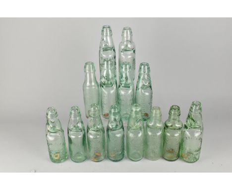 Fourteen Various Vintage Glass Codd Neck Bottles to Comprise Clayton - Cardiff, Thomson &amp; Evans - Porth, Taylor's - Manch