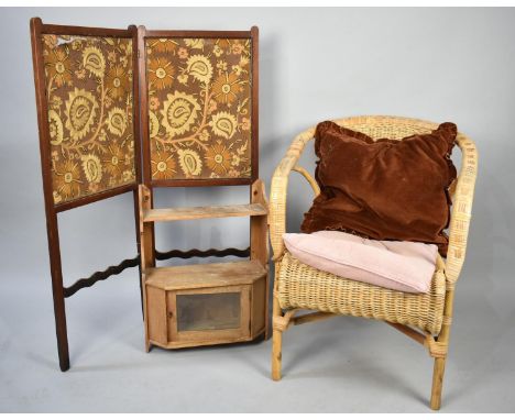 A Wicker Armchair together with a Vintage Pine Shelved Wall Cabinet and a Screen