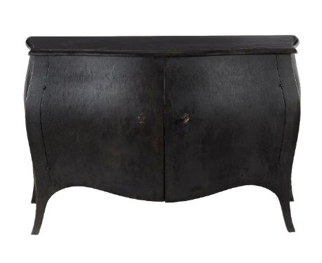 A black painted commode in 18th century style, of recent manufacture, of bombe outline, 91cm high, 141cm wide, 51cm deep