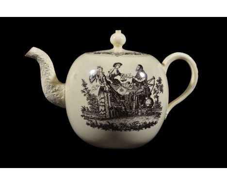 A Wedgwood creamware Liverpool printed bullet-shaped teapot and cover, circa 1780, printed in black with the 'Fortune Teller'