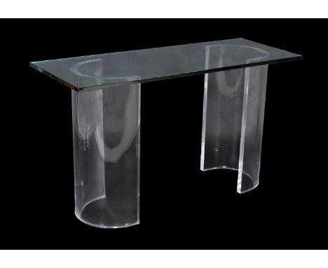 A glass and Perspex console table, 20th century, the rectangular top above the hollowform supports, 74cm high, the top 130cm 