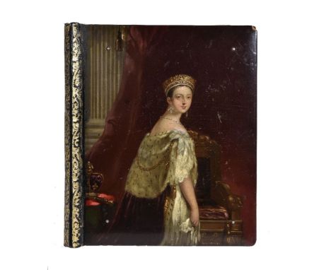 A papier mâché and leather-bound Victorian folio by Jennens & Bettridge, third quarter 19th century, of rectangular form, wit