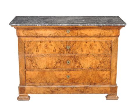 A Louis Philippe walnut and grey marble topped commode, circa 1840, 94cm high, 131cm wide, 57cm deep