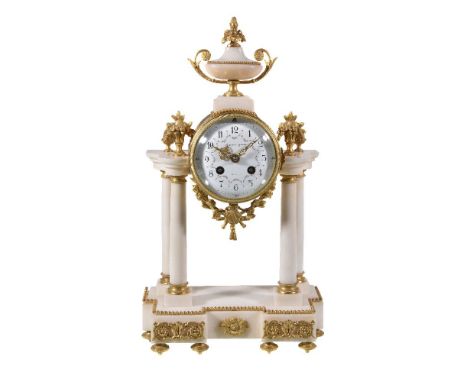 A French white marble and gilt metal mounted portico mantel clock, early 20th century, the eight-day bell striking movement s