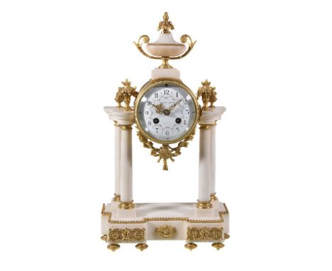 A French white marble and gilt metal mounted portico mantel clock, early 20th century, the eight-day bell striking movement s