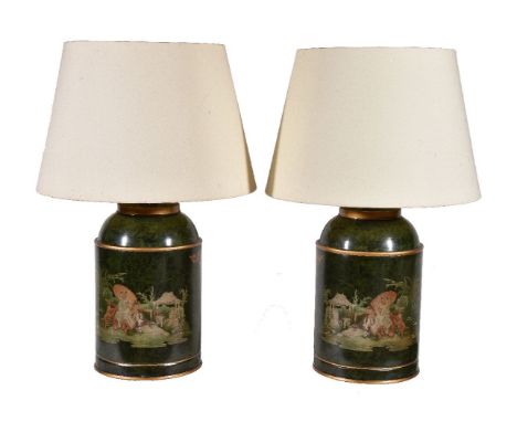 A pair of painted metal table lamps in the style of Regency tea canisters, late 20th century, of cylindrical form, depicting 