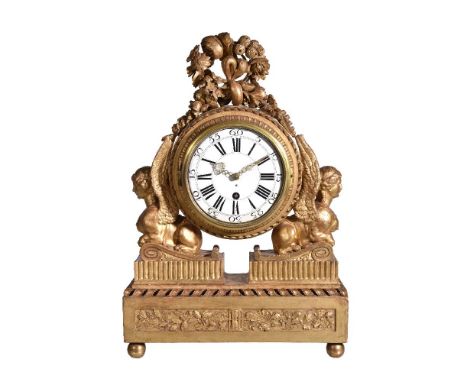 A Continental carved giltwood mantel clock, early 19th century, probably French or Austrian, the associated movement with ind