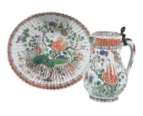 A Samson Famille Verte jug and basin, circa 1880, after a Kangxi original, painted with peony branches and lotus with birds a