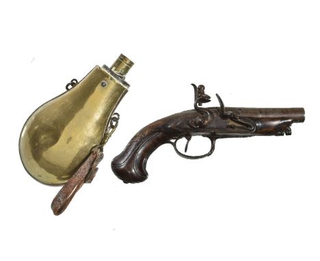 A Continental flintlock travelling pistol, 18th century, walnut with 3 1/2inch round steel barrel, dog-catch safety, 19th cen