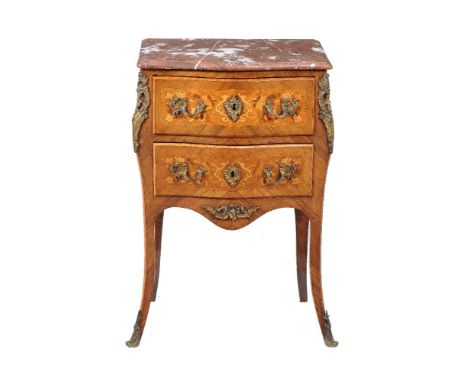 ϒA French kingwood, marquetry inlaid, and gilt metal mounted petite commode, 19th century, the marble top above two drawers a