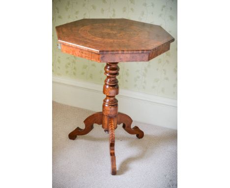 A walnut and marquetry inlaid occasional table, in Italian 19th century style, second half 20th century, the octagonal top wi