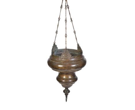 A Dutch brass hanging lamp, late 17th century, of waisted circular form, with three suspension chains on maiden's mask and fo