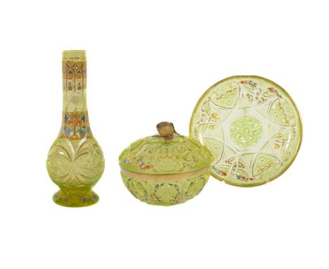 A selection of Bohemian/Czech or Beykoz glass for the Near Eastern market, comprising: a green/yellow cut-glass bonbonniere c