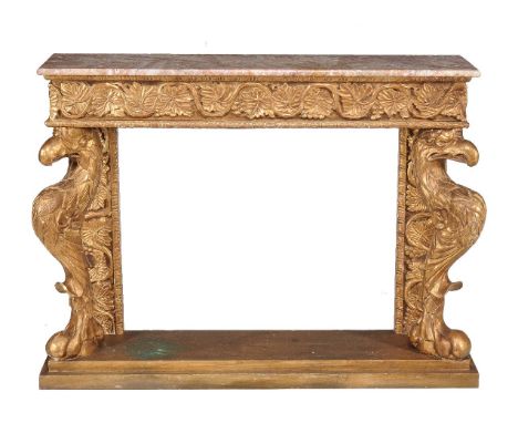 A marble topped composition gilt console table, 20th century, in Regency style, 93cm high, 120cm wide, 33cm deep