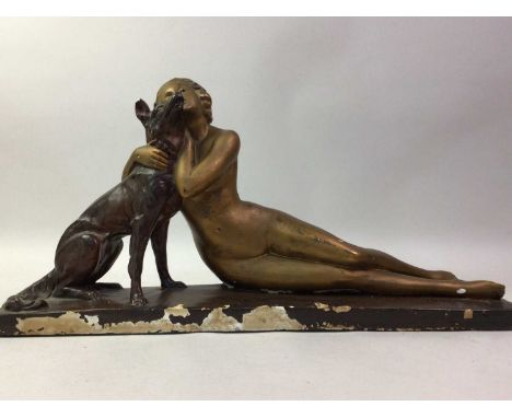 ART DECO STYLE FIGURE GROUP, ALONG WITH TWO ITALIAN CLOCK GROUPS  the Art Deco group depicting a naked female and dog, the cl